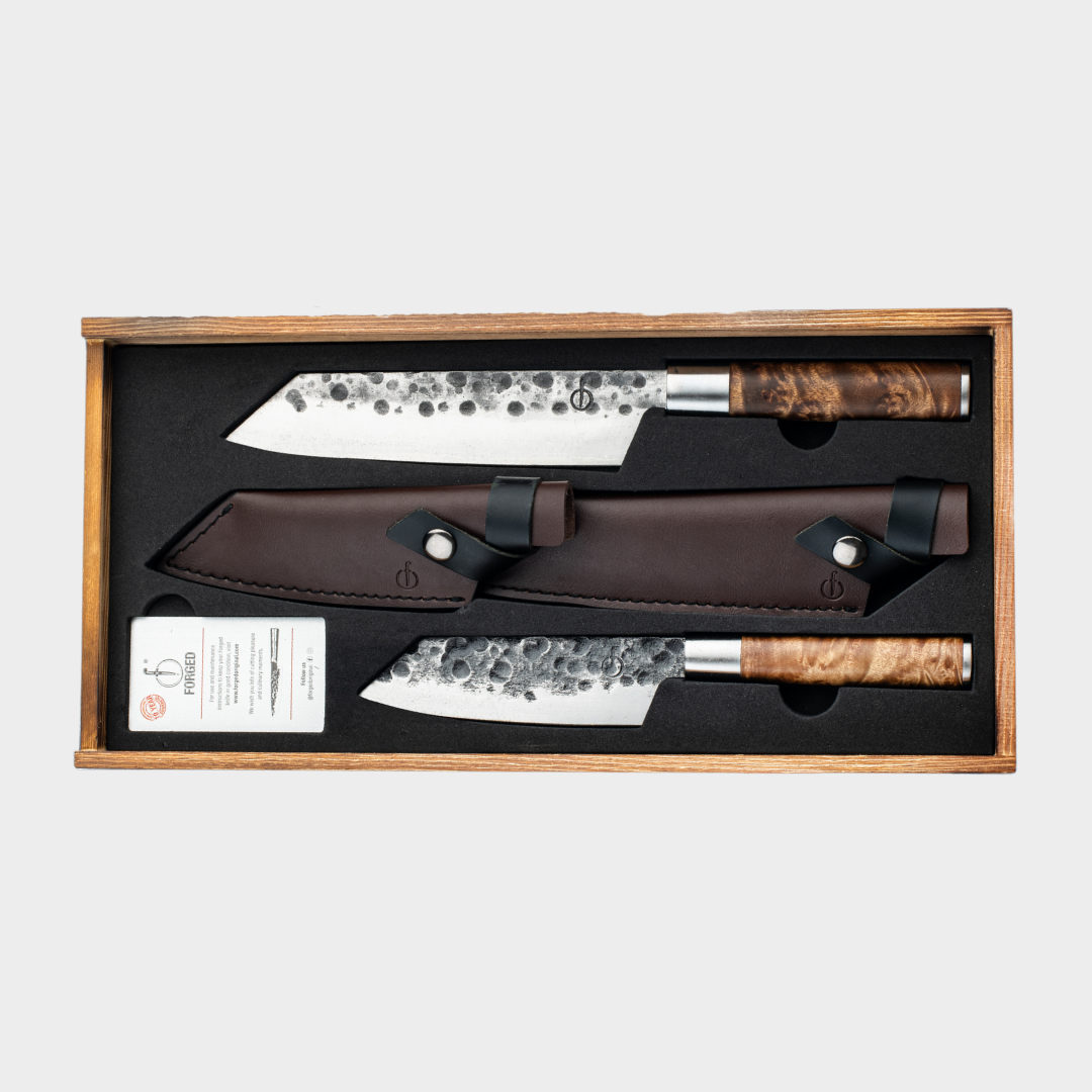 Forged VG10 Bunka Wortelhout messenset met lederen hoesjes