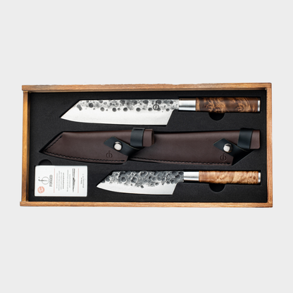 Forged VG10 Bunka Wortelhout messenset met lederen hoesjes