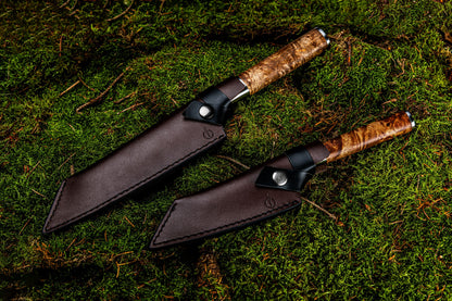 Forged VG10 Bunka Wortelhout messenset met lederen hoesjes