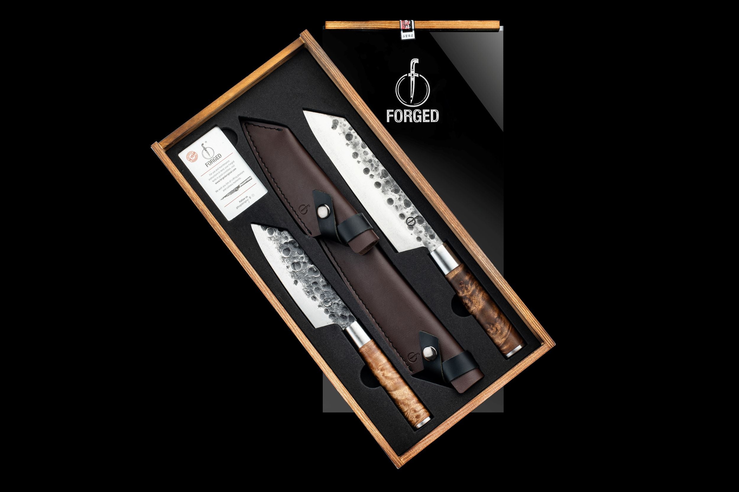 Forged VG10 Bunka Wortelhout messenset met lederen hoesjes